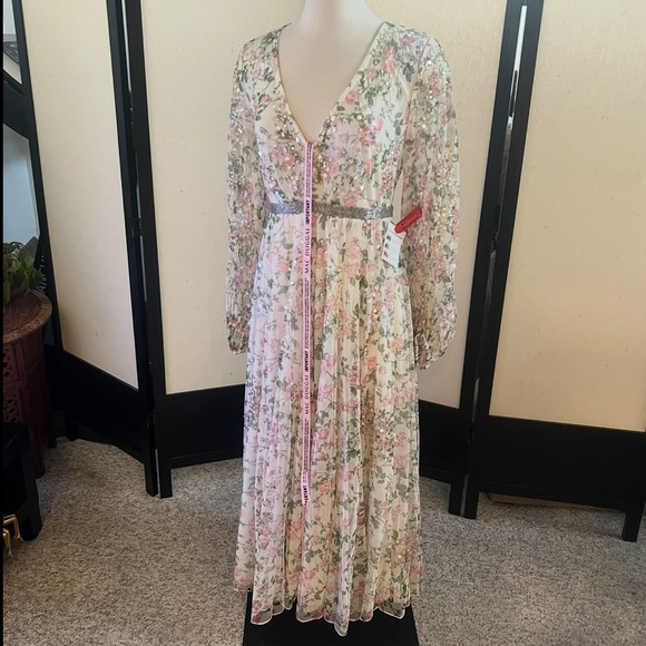 NWT MAC DUGGAL White Embellished Floral Print Faux Wrap A Line Dress: MSRP $698! - Picture 1 of 11